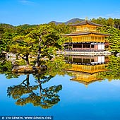  stock photography | Kinkakuji - Golden Pavilion, Kyoto, Kansai, Honshu, Japan, Image ID JAPAN-KYOTO-GOLDEN-PAVILION-0003. Kinkaku-ji is known as 'the Golden Pavilion' for a very special reason  its top two stories are actually covered in gold leaf. Its shining surface reflects into the kyoko-chi, or Mirror Pond. Stationed at the foot of Kinugasa Hill, the temple grounds are wooded and present a lovely place for strolling and meditation. Rising above its reflecting pond like an apparition, the golden hall of Kinkaku-ji is Kyoto's most impressive sight, especially if you're there on the four or five days per year when it's covered in snow. The only problem is, as you might guess, that it's almost always packed with visitors. For these reason, I recommend going just after it opens, just after it closes and, if possible on a Monday morning. Whatever you do, avoid the place on holidays, when it will simply be too busy to enjoy.